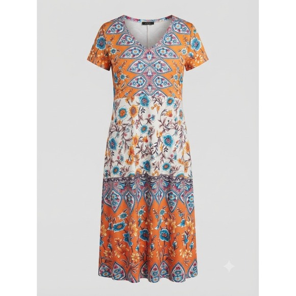 Dresses & Skirts - Orange Floral Paisley Boho V-Neck Maxi Beach Dress Short Sleeve Side Slit Small